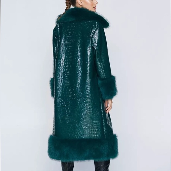 Nastygal- Forest Green Faux Vinyl Croc And Fur Trim Peacoat - Picture 1 of 7